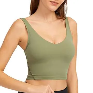 Lemedy Women Sports Bra Longline Crop Tank Top Padded Workout Running Yoga (M, Light Olive)