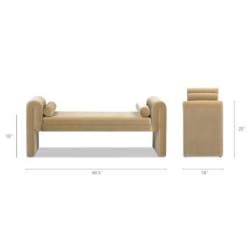 Jennifer Taylor Home Mason 60.5" Arched Arm Bench with Bolster Pillows, Camel Brown Beige Performance Velvet