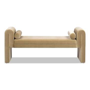 Jennifer Taylor Home Mason 60.5" Arched Arm Bench with Bolster Pillows, Camel Brown Beige Performance Velvet