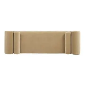Jennifer Taylor Home Mason 60.5" Arched Arm Bench with Bolster Pillows, Camel Brown Beige Performance Velvet