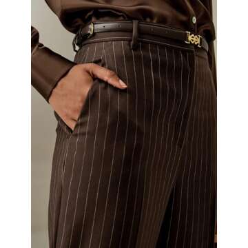 LilySilk Silk Wool Pants for Women Pinstriped High-Rise Straight Silk Wool Blend Trousers Casual Ladies Bottom Dark Brown, Size 6