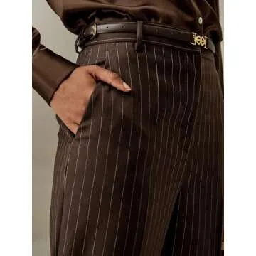 LilySilk Silk Wool Pants for Women Pinstriped High-Rise Straight Silk Wool Blend Trousers Casual Ladies Bottom Dark Brown, Size 6