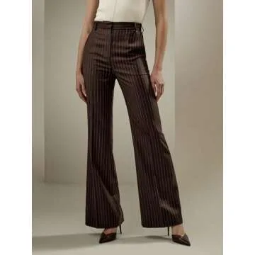 LilySilk Silk Wool Pants for Women Pinstriped High-Rise Straight Silk Wool Blend Trousers Casual Ladies Bottom Dark Brown, Size 6