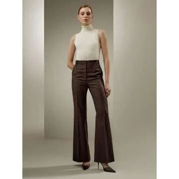 LilySilk Silk Wool Pants for Women Pinstriped High-Rise Straight Silk Wool Blend Trousers Casual Ladies Bottom Dark Brown, Size 6