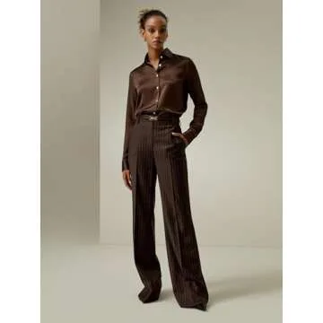 LilySilk Silk Wool Pants for Women Pinstriped High-Rise Straight Silk Wool Blend Trousers Casual Ladies Bottom Dark Brown, Size 6