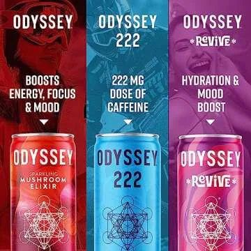 Odyssey Elixir Functional Beverage - Adaptogen Drink with Lions Mane, Cordyceps, L Theanine & Green Tea Caffeine - for Cognition, Energy & Mood Boost - 0 Added Sugar - Variety Pack - 12 Fl oz, 12 Pack