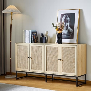 QEIUZON Modern Sideboard Cabinet, Accent Storage Cabinet with Rattan Doors and Adjustable Shelves, F...