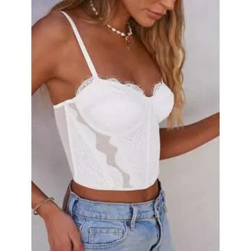 Dealmore Womens Corset Top Going Out Lace Spaghetti Strap Crop Y2K Mesh Date Night Party Bustier Cami 2025 Fashion White Small