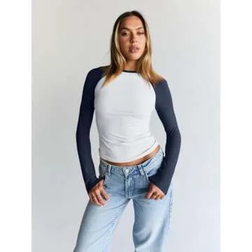 Trendy Queen Womens Long Sleeve Shirts 2024 Fall Fashion Outfits Clothes Slim Fitted Basic Tee Going...