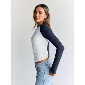 Trendy Queen Womens Long Sleeve Shirts 2024 Fall Fashion Outfits Clothes Slim Fitted Basic Tee Going Out Crop Brown Tops Cute Y2k Teen Girl Color Block T Tshirts