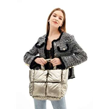 Large Puffer Tote Bag, Trendy Luxury Chic Quilted Cotton Padded Designer Handbags for women, Winter Soft Puffer Shoulder Bag Nylon Down Pillow Bag Women's Handbags & Shopper Bag (Z-Shiny Bronze)