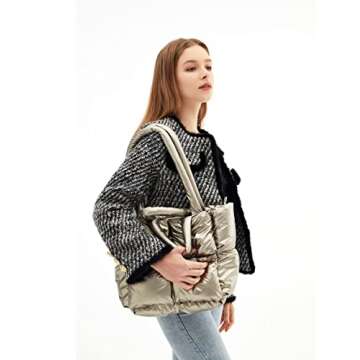 Large Puffer Tote Bag, Trendy Luxury Chic Quilted Cotton Padded Designer Handbags for women, Winter Soft Puffer Shoulder Bag Nylon Down Pillow Bag Women's Handbags & Shopper Bag (Z-Shiny Bronze)