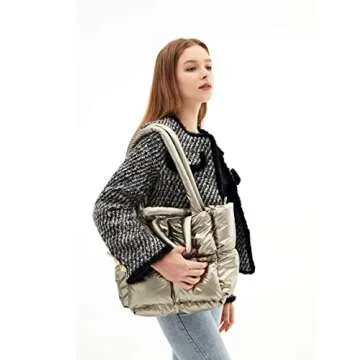 Large Puffer Tote Bag, Trendy Luxury Chic Quilted Cotton Padded Designer Handbags for women, Winter Soft Puffer Shoulder Bag Nylon Down Pillow Bag Women's Handbags & Shopper Bag (Z-Shiny Bronze)