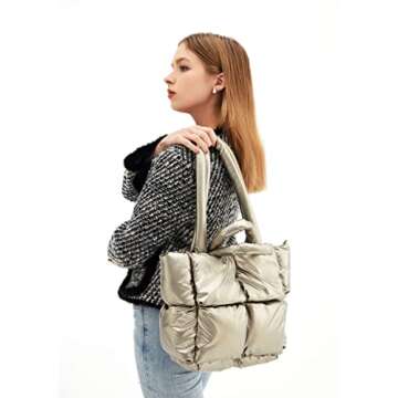 Large Puffer Tote Bag, Trendy Luxury Chic Quilted Cotton Padded Designer Handbags for women, Winter Soft Puffer Shoulder Bag Nylon Down Pillow Bag Women's Handbags & Shopper Bag (Z-Shiny Bronze)