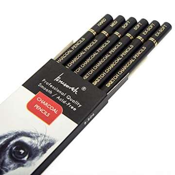 Brusarth Professional Charcoal Pencils Drawing Set - 6 Pieces Soft Medium and Hard Charcoal Pencils ...