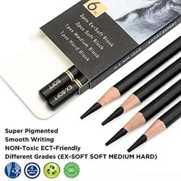 Brusarth Professional Charcoal Pencils Drawing Set - 6 Pieces Soft Medium and Hard Charcoal Pencils for Drawing, Sketching, Shading