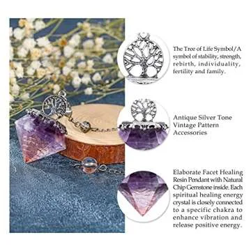 VadiForest 7 Chakra Crystal Dowsing Pendulum Reiki Life Tree 6 Faceted Pointed Pendulum Scrying Dowser for Divination, Meditation, Wicca