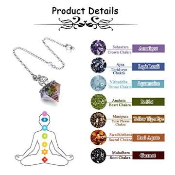 VadiForest 7 Chakra Crystal Dowsing Pendulum Reiki Life Tree 6 Faceted Pointed Pendulum Scrying Dowser for Divination, Meditation, Wicca