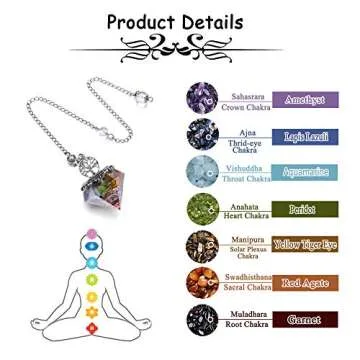 VadiForest 7 Chakra Crystal Dowsing Pendulum Reiki Life Tree 6 Faceted Pointed Pendulum Scrying Dowser for Divination, Meditation, Wicca