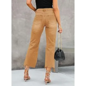 LOLONG Womens Jeans Trendy High Waisted Ripped Flare Distressed Bell Bottom Casual Pants Burnt Orange