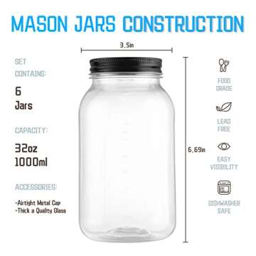 novelinks 32 OZ Clear Plastic Mason Jars with Lids - Dishwasher Safe Plastic Mason Jars 32 OZ Plasti...