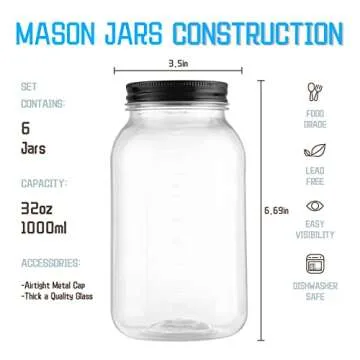 Noveinks 32 OZ Clear Plastic Mason Jars with Lids - Dishwasher Safe, 6 Pack
