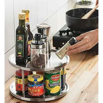 2 Tier Lazy Susan Turntable Organizer,Stainless Steel 360 Degree Turntable Pantry Cabinet Turning Table Spice Rack Organizer Tray for Kitchen Bathroom Bedroom Parlor
