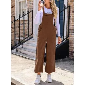 Happy Sailed Fall Outfits for Women Casual Loose Sleeveless Corduroy Overalls Wide Leg Jumpsuits with Pockets Fashion Trendy Clothes Brown Large