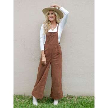 Happy Sailed Fall Outfits for Women Casual Loose Sleeveless Corduroy Overalls Wide Leg Jumpsuits with Pockets Fashion Trendy Clothes Brown Large