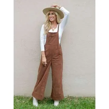 Happy Sailed Fall Outfits for Women Casual Loose Sleeveless Corduroy Overalls Wide Leg Jumpsuits with Pockets Fashion Trendy Clothes Brown Large