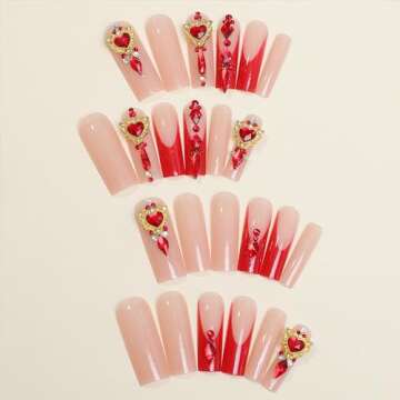 Generic Red French Tip Press on Nails Square Long Fake Nails With Red Rhinestones Designs Full Cover...