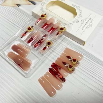 Generic Red French Tip Press on Nails Square Long Fake Nails With Red Rhinestones Designs Full Cover False Nails Acrylic Stick on Nails Reusable Artificial Nails for Women Girls Glue on Nails 24Pcs