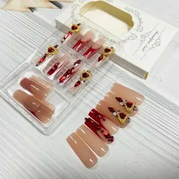 Generic Red French Tip Press on Nails Square Long Fake Nails With Red Rhinestones Designs Full Cover False Nails Acrylic Stick on Nails Reusable Artificial Nails for Women Girls Glue on Nails 24Pcs