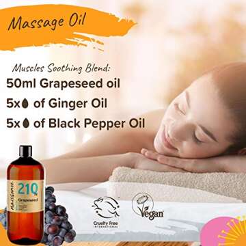 naissance Grapeseed Oil 32 fl oz Pure & Natural, Vegan, Hexane Free, Non GMO - Ideal for Aromatherapy and as a Massage Base Oil - Natural Moisturizer and Conditioner for Hair & Skin