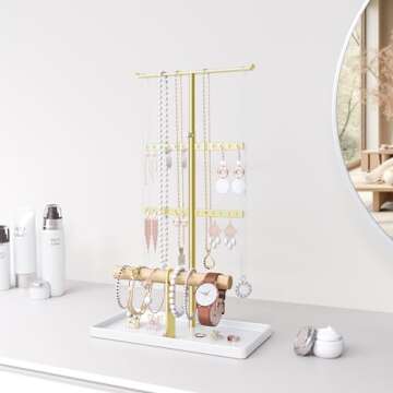 jockcaras Jewelry Organizer Necklace Holder: Gold Jewelry Stand for Earring and Bracelet Storage