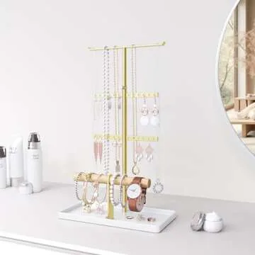 jockcaras Jewelry Organizer Necklace Holder: Gold Jewelry Stand for Earring and Bracelet Storage