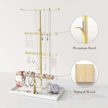 jockcaras Jewelry Organizer Necklace Holder: Gold Jewelry Stand for Earring and Bracelet Storage