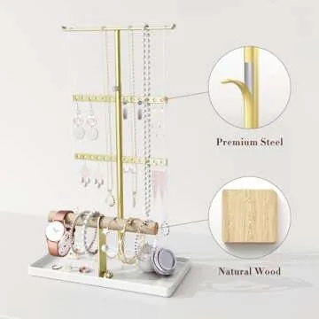 jockcaras Jewelry Organizer Necklace Holder: Gold Jewelry Stand for Earring and Bracelet Storage