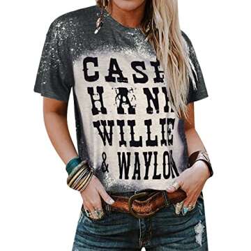 LUKYCILD Cash Hank Willie and Waylon Letter Print Top Women Country Music Shirt Tee (Grey White, Lar...
