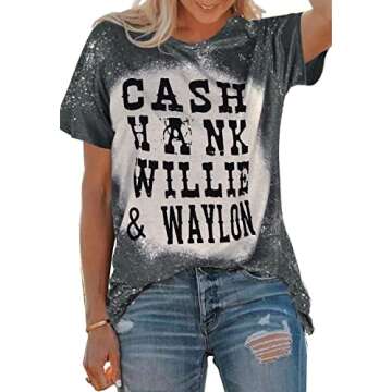 LUKYCILD Cash Hank Willie and Waylon Letter Print Top Women Country Music Shirt Tee (Grey White, Large)