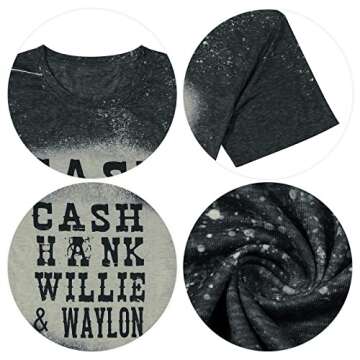 LUKYCILD Cash Hank Willie and Waylon Letter Print Top Women Country Music Shirt Tee (Grey White, Large)