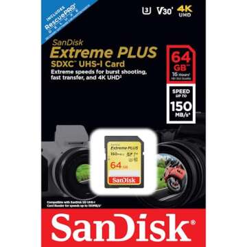 SanDisk Extreme Plus 64GB SDXC UHS-I/V30/U3/Class 10 Card (SDSDXWF-064G-ANCIN)