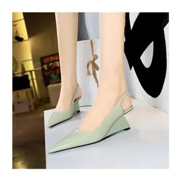 NSNEOND Women's Patent Leather Wedge Stiletto Heels Mules with Ankle Buckle Sexy Pointed Closed Pointed Toe Slip On High Heel Shoes for Wedding Party Dress Shoe (Green,8)