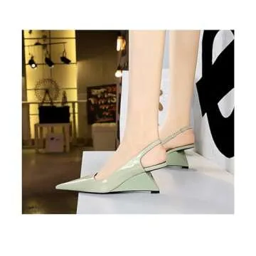 NSNEOND Women's Patent Leather Wedge Stiletto Heels Mules with Ankle Buckle Sexy Pointed Closed Pointed Toe Slip On High Heel Shoes for Wedding Party Dress Shoe (Green,8)