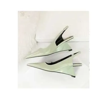 NSNEOND Women's Patent Leather Wedge Stiletto Heels Mules with Ankle Buckle Sexy Pointed Closed Pointed Toe Slip On High Heel Shoes for Wedding Party Dress Shoe (Green,8)