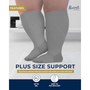 Pembrook Plus Size Compression Socks Wide Calf - Up to 6XL | Gray Compression Socks for Women Plus Size | Knee High Extra Wide Calf Compression Socks