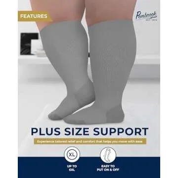 Pembrook Plus Size Compression Socks Wide Calf - Up to 6XL | Gray Compression Socks for Women Plus Size | Knee High Extra Wide Calf Compression Socks