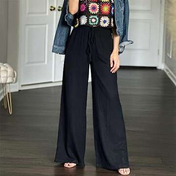 Duyang Womens Cotton Linen Palazzo Pants Drawstring Elastic Waist Casual Wide Leg Trousers with Pock...