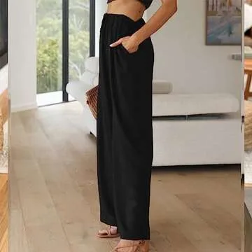 Duyang Womens Cotton Linen Palazzo Pants Drawstring Elastic Waist Casual Wide Leg Trousers with Pockets(Black,XL)
