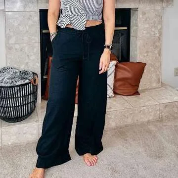 Duyang Womens Cotton Linen Palazzo Pants Drawstring Elastic Waist Casual Wide Leg Trousers with Pockets(Black,XL)